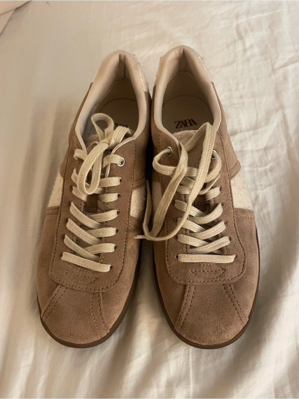 Zara Taupe Suede Lace-Up Sneakers with Cream Accents